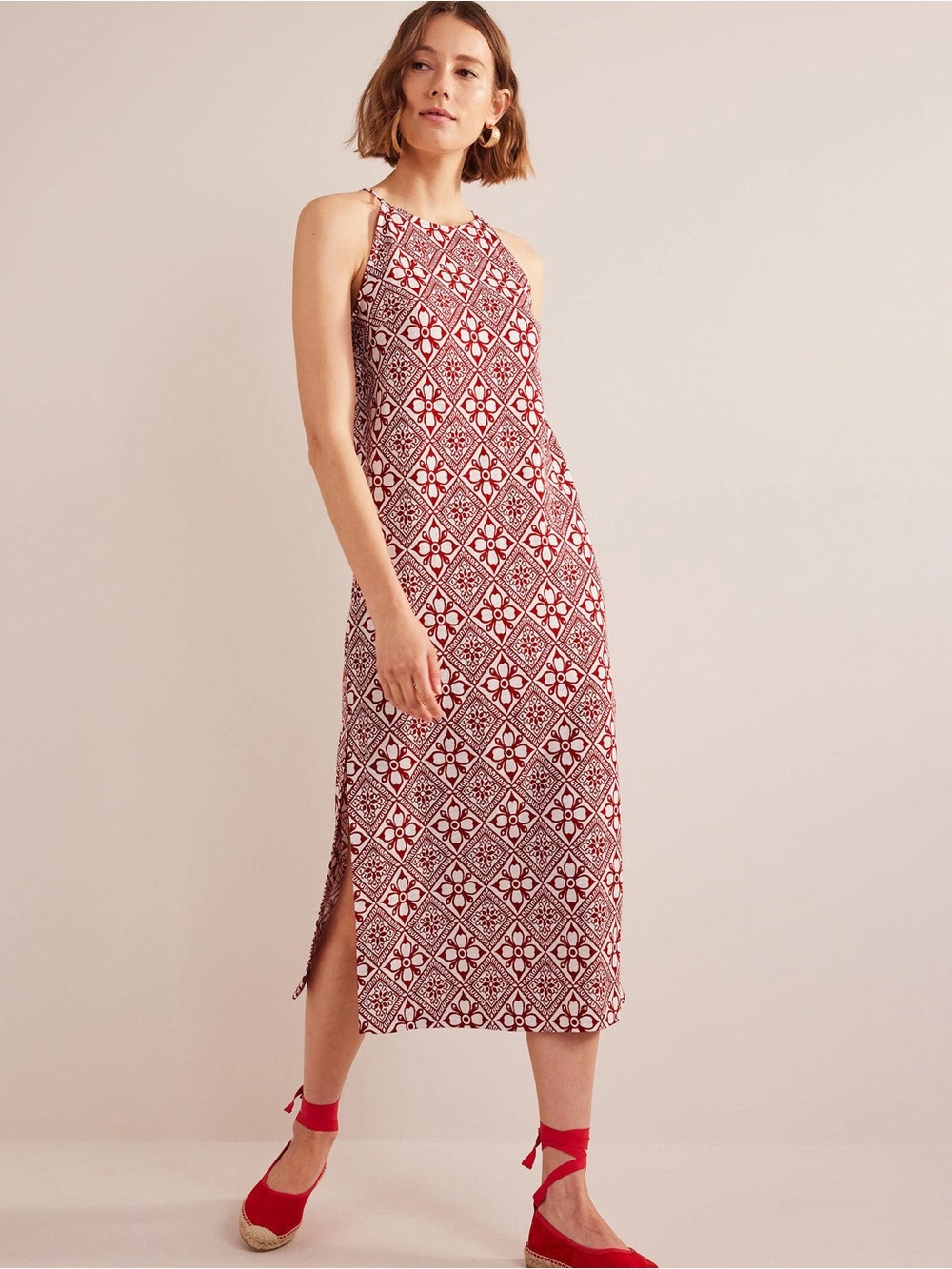 Boden Racer Neck Jersey Midi Dress Poinsettia Size 2 Cotton NWT